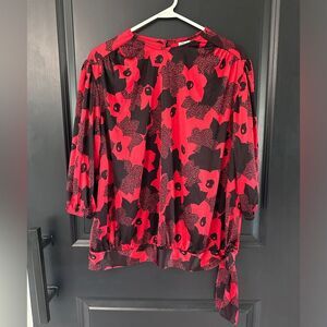 Vintage Tiger Lily Red Black Floral Print Blouse Work Top Side Tie Back Button